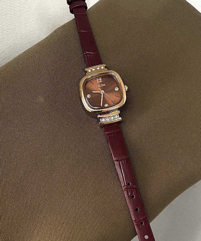 Montre à quartz en cuir rouge foncé avec verre trempé et mouvement à quartz - Amawinc