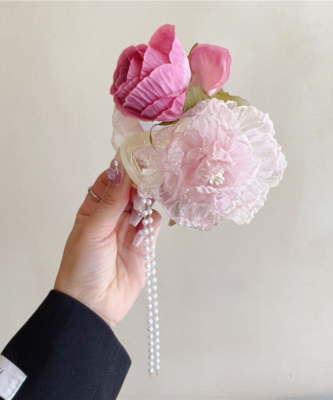 Épingle à cheveux en tissu tulle floral avec pompon et perles - Amawinc
