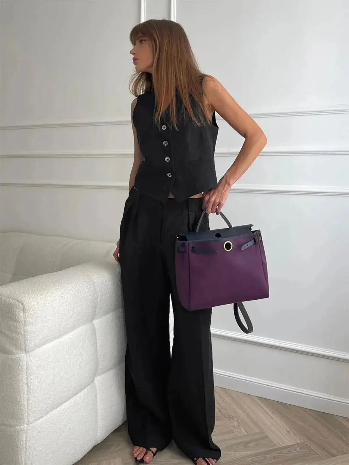 Ensemble Deux Pièces Respirant Coton Lin Pour Femmes Veste Structure Pantalon Large Confortable Et Stylé