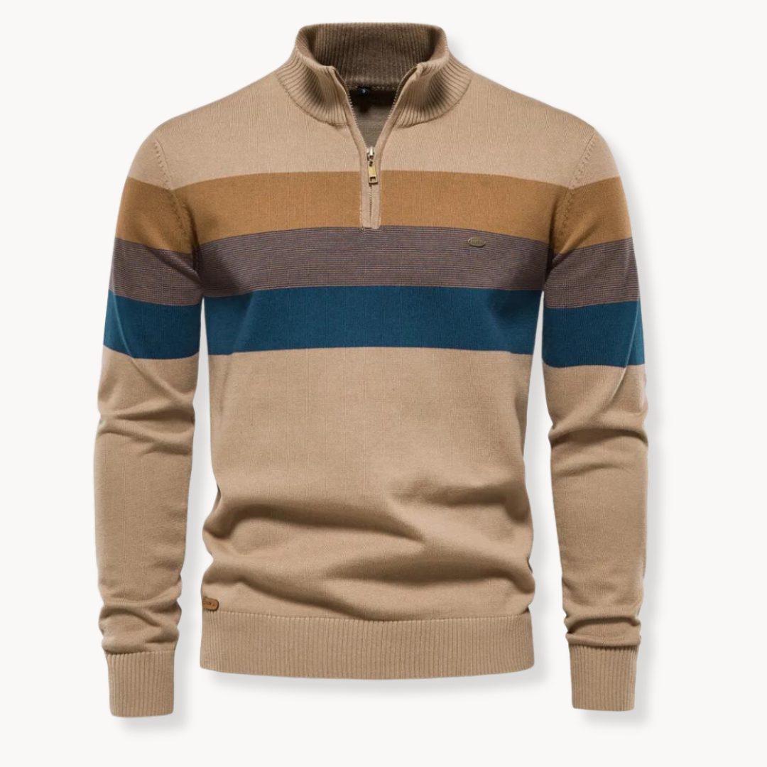 Burk Pull Col Zippé Quart Rayures Tri Color Audacieuses Avec Coupe Classique Confort Respirant En Coton Stretch