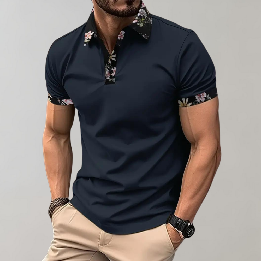 Polo Homme Manches Courtes Avec Détail Floral Et Fermeture Bouton En Coton Mélangé Pour Été Décontracté