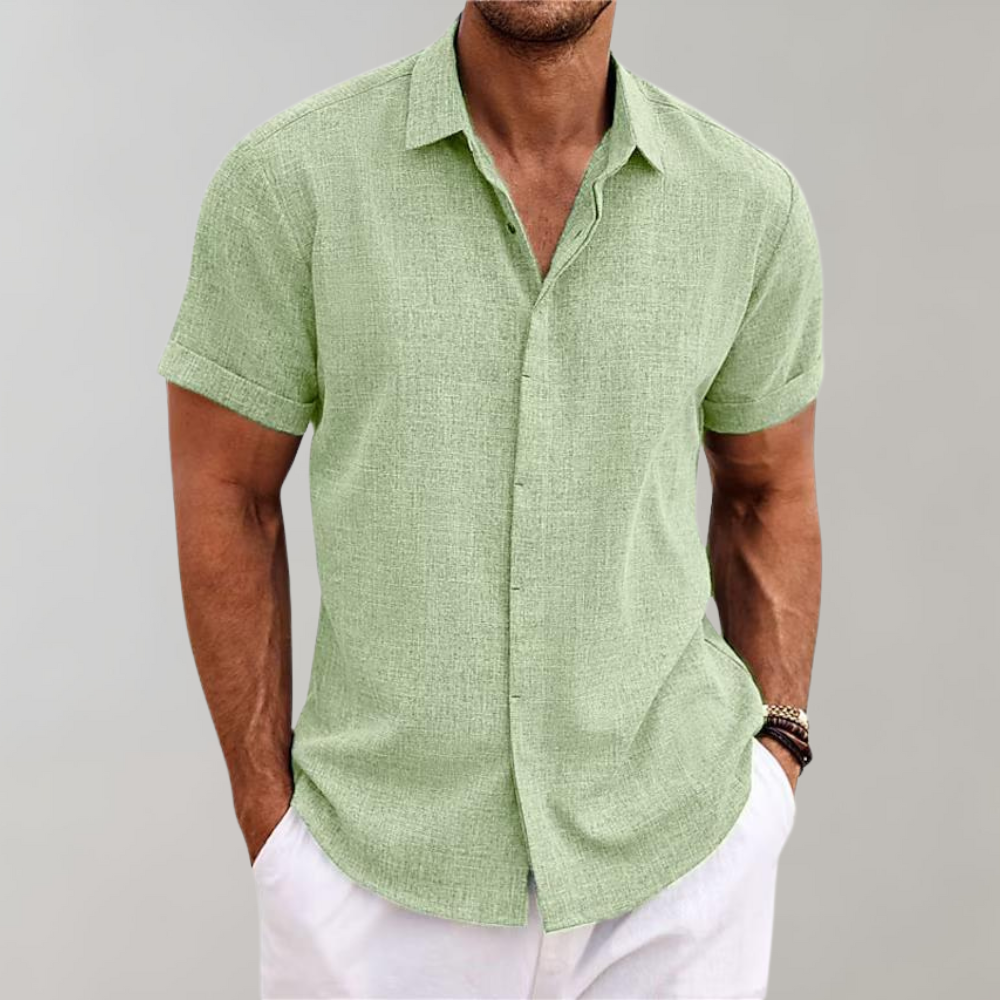 Chemise Homme Légère À Manches Courtes Bouton Devant Col Classique En Tissu Look Lin Respirant Pour Été