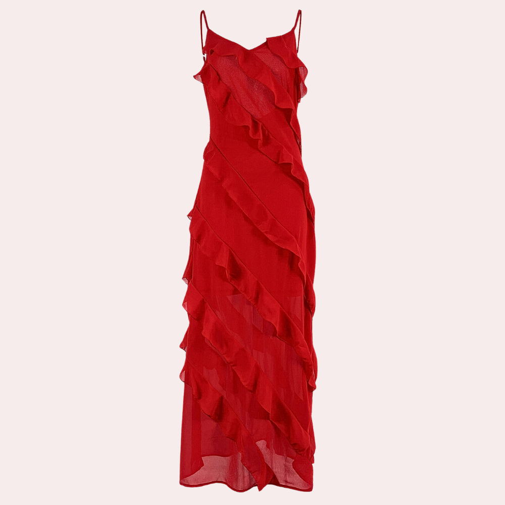 Robe De Soirée Femme Coupe Slim Avec Volants Et Bretelles Ajustables Et Fente Latérale Amawinc