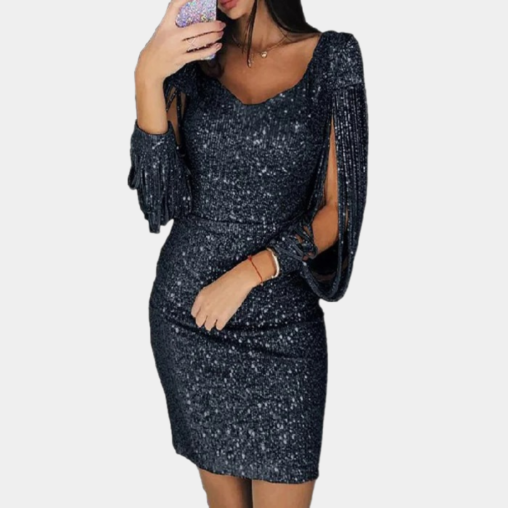 Robe De Soirée À Sequins Col En V Manches Drapées Élégante Pour Fêtes Festives Et Événements Formels Amawinc