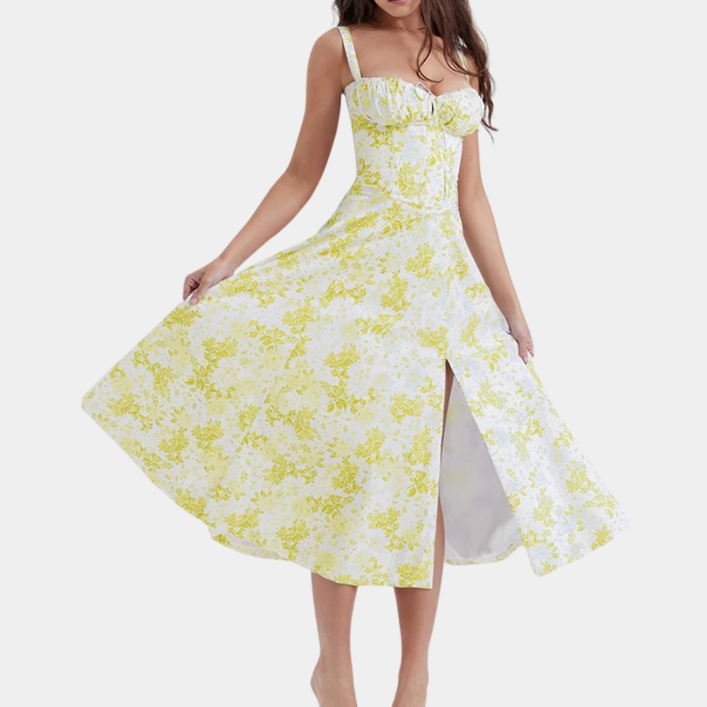 Robe D'Été Pour Femme Coupe A Ligne Midi Bretelles Spaghetti Décolleté Doux Imprimé Floral