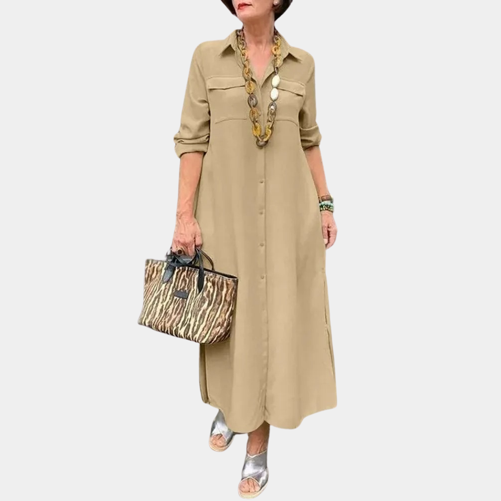 Robe Chemise Femme Maxi Manches Longues Fermeture Boutons Poches Poitrine Polyvalente Pour Bureau Et Loisirs
