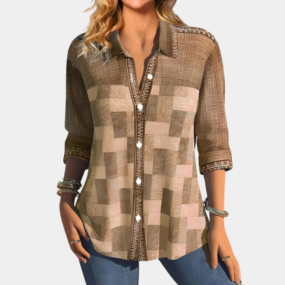 Chemise Femme Décontractée À Manches Longues Bouton-pression Patchwork À Carreaux Élégante Quotidienne