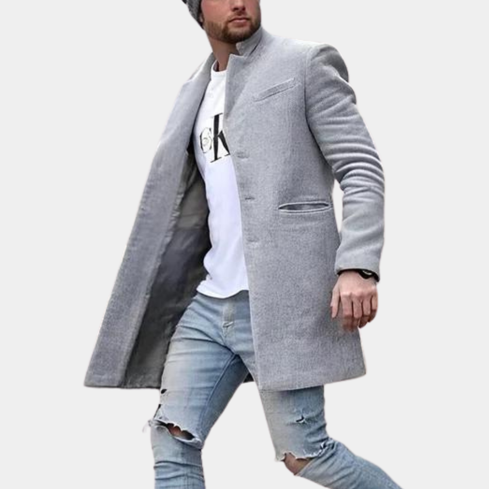 Manteau Homme En Laine Mélangée Col Montant Coupe Ajustée À Simple Boutonnage Polyvalent Pour Tenues Formelles Et Casual