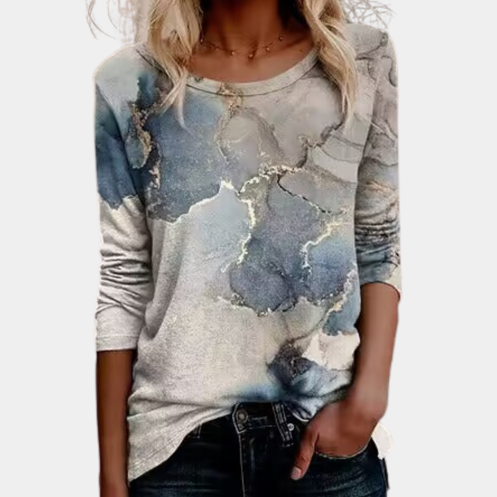 Blouse Femme À Manches Longues Col Rond Léger Confortable Motif Moderne Feuille Nordic Flair