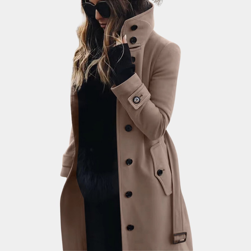 Manteau Long Femme À Coupe Ajustee Double Boutonnage Col Haut Poches À Rabat Pour Automne Et Hiver