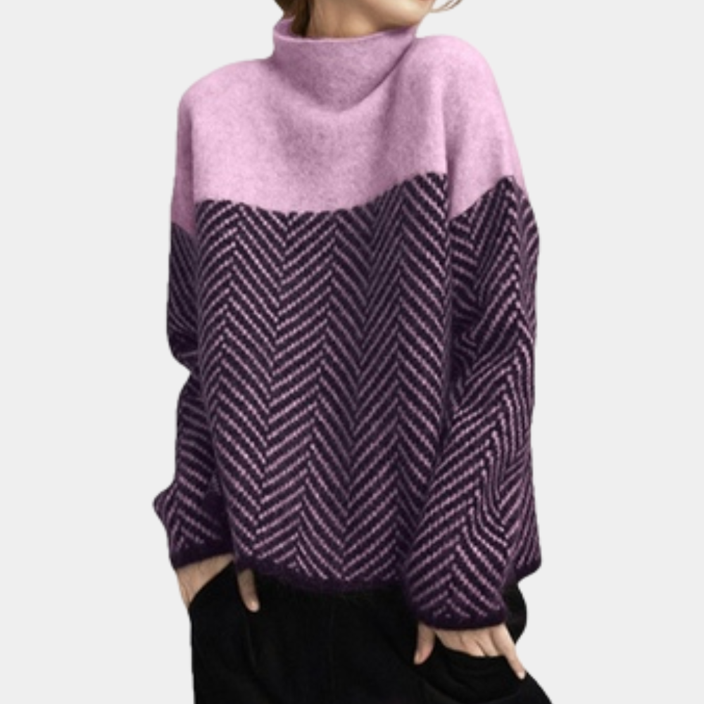 Pull Maille Oversize Femme Col Roulé Haut En Laine Mélangée Motif Chevrons Style Nordique Chaud