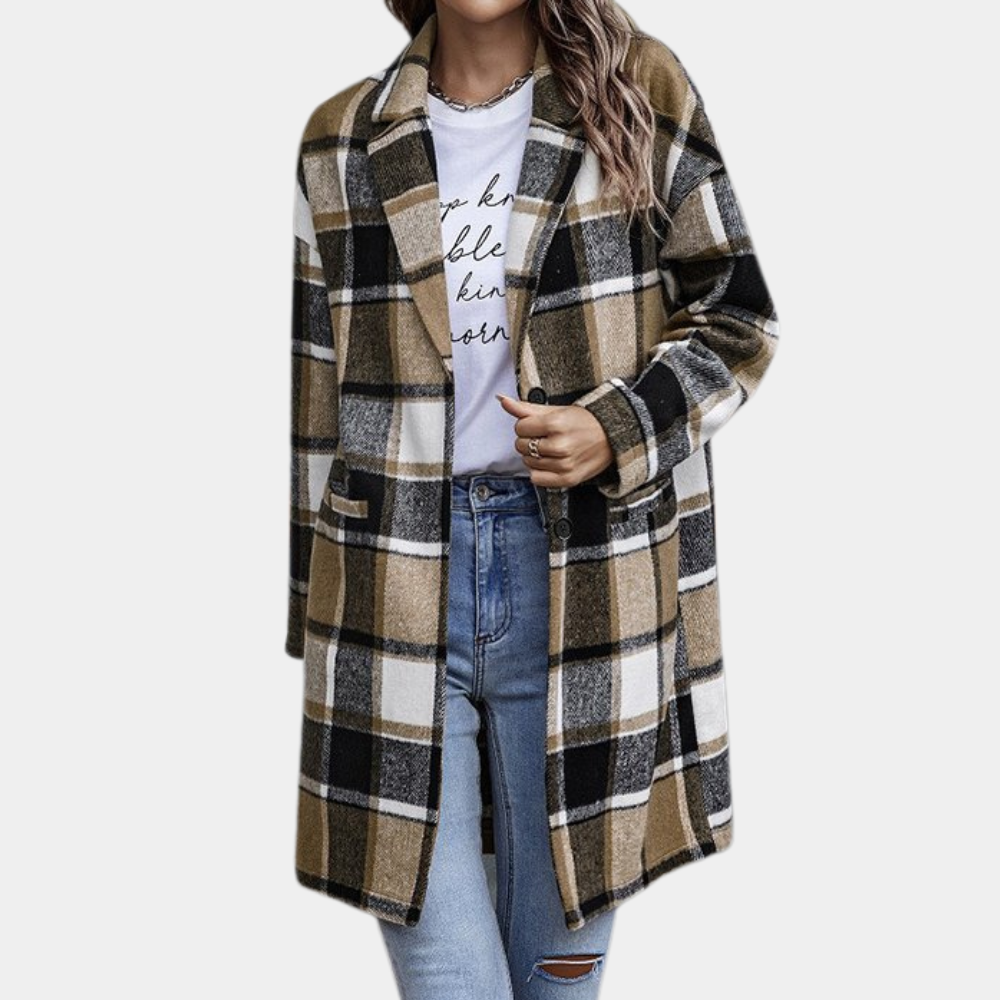 Manteau Femme Mélange De Laine À Carreaux Coupe Décontractée Longueur Genou Pour Automne Hiver