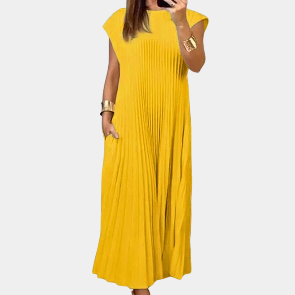 Robe Maxi Femme Plissée Encolure Ronde Manches Courtes Élégante et Aérienne Idéale Vacances