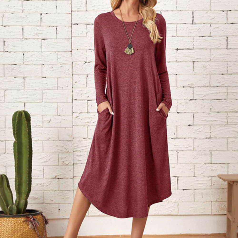 Robe Pour Femme Manches Longues Coupe Décontractée Col Rond Douce Et Légère Mélange Coton Viscose Pour Confort Quotidien