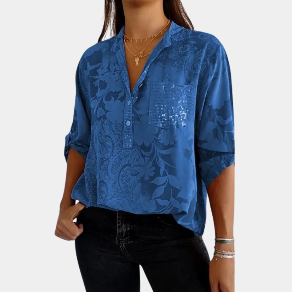 Blouse Femme Fluide Coupe Ample Col V Boutons Motif Floral Poche Poitrine Avec Sequins Style Nordique