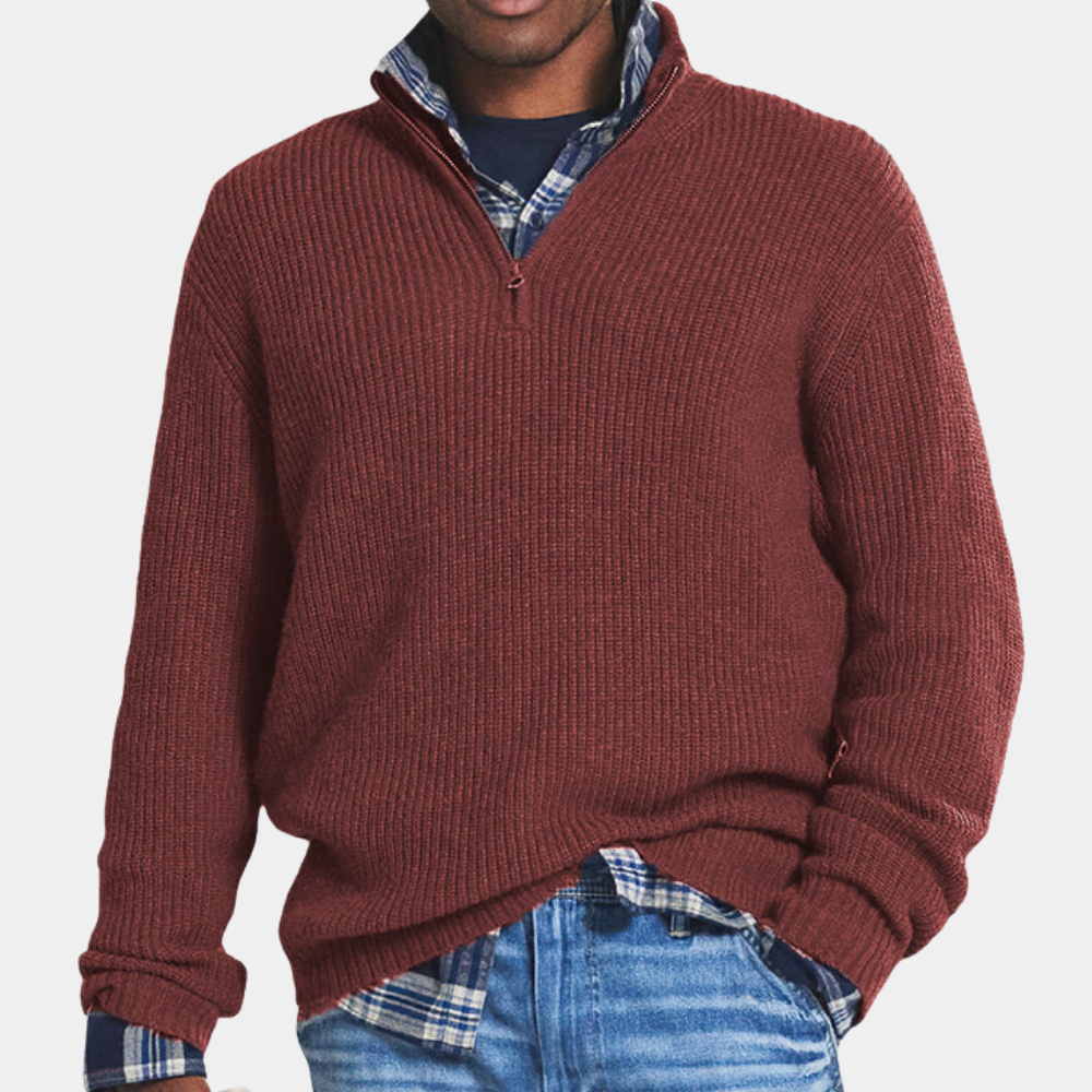Pull En Maille Cotele Avec Zip Partiel Col Montant Coupe Décontractee Bleu Marine Amawinc