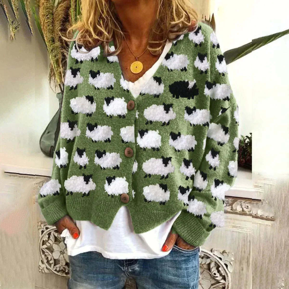 Cardigan Femme Col V Décontracté en Maille Douce Fermeture Bouton Motif Moutons Amusants Nordic Flair