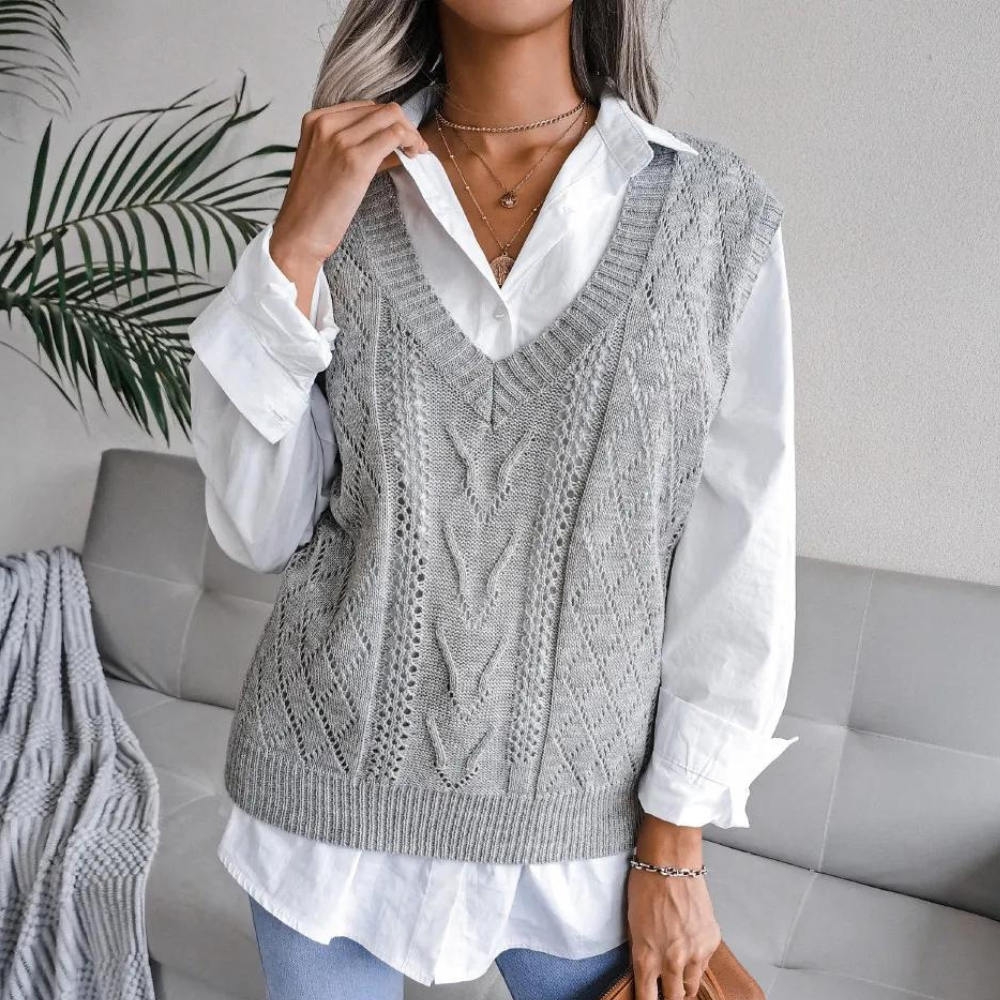 Gilet Femme En Tricot Col V Avec Torsades Doux Et Confortable Pour Automne Hiver