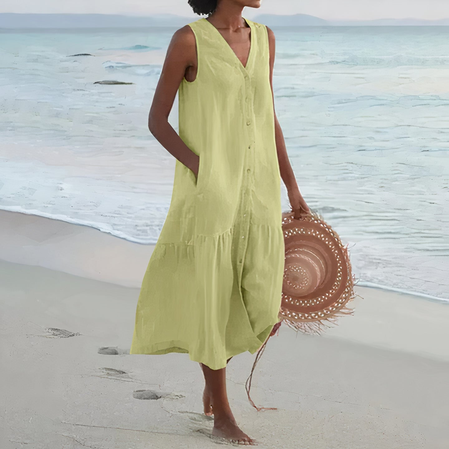 Modernes, ärmelloses Leinen-Midikleid für Damen