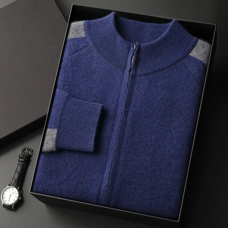 Pull En Cachemire Premium Avec Zip Entier Col Côtelé Et Épaules Contrastées Pour Un Style Luxueux