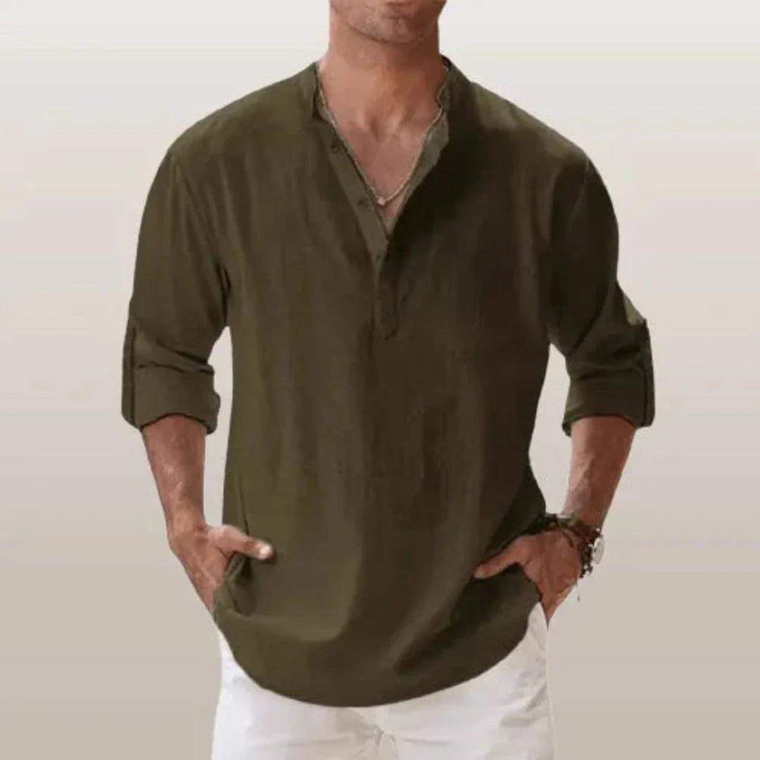 Chemise Henley En Lin À Manches Roulées Pour Hommes Waylynn Cairo Mélange Lin Coton Respirant À Boutons