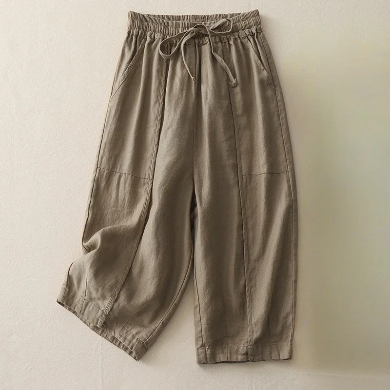 Pantalon Lin Coupe Courte À Taille Élastique Celina Décontracté Et Confortable Léger