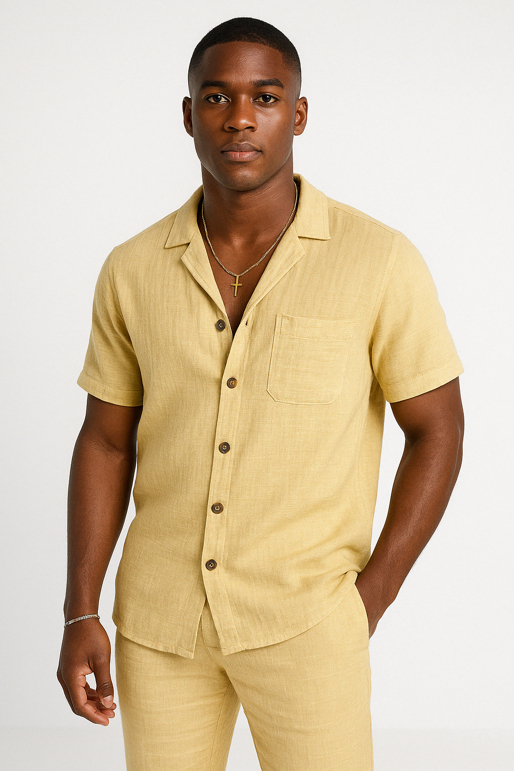 Chemise Homme En Coton Lin Manches Courtes Coupe Décontractée Bouton Devant Pour L'Été