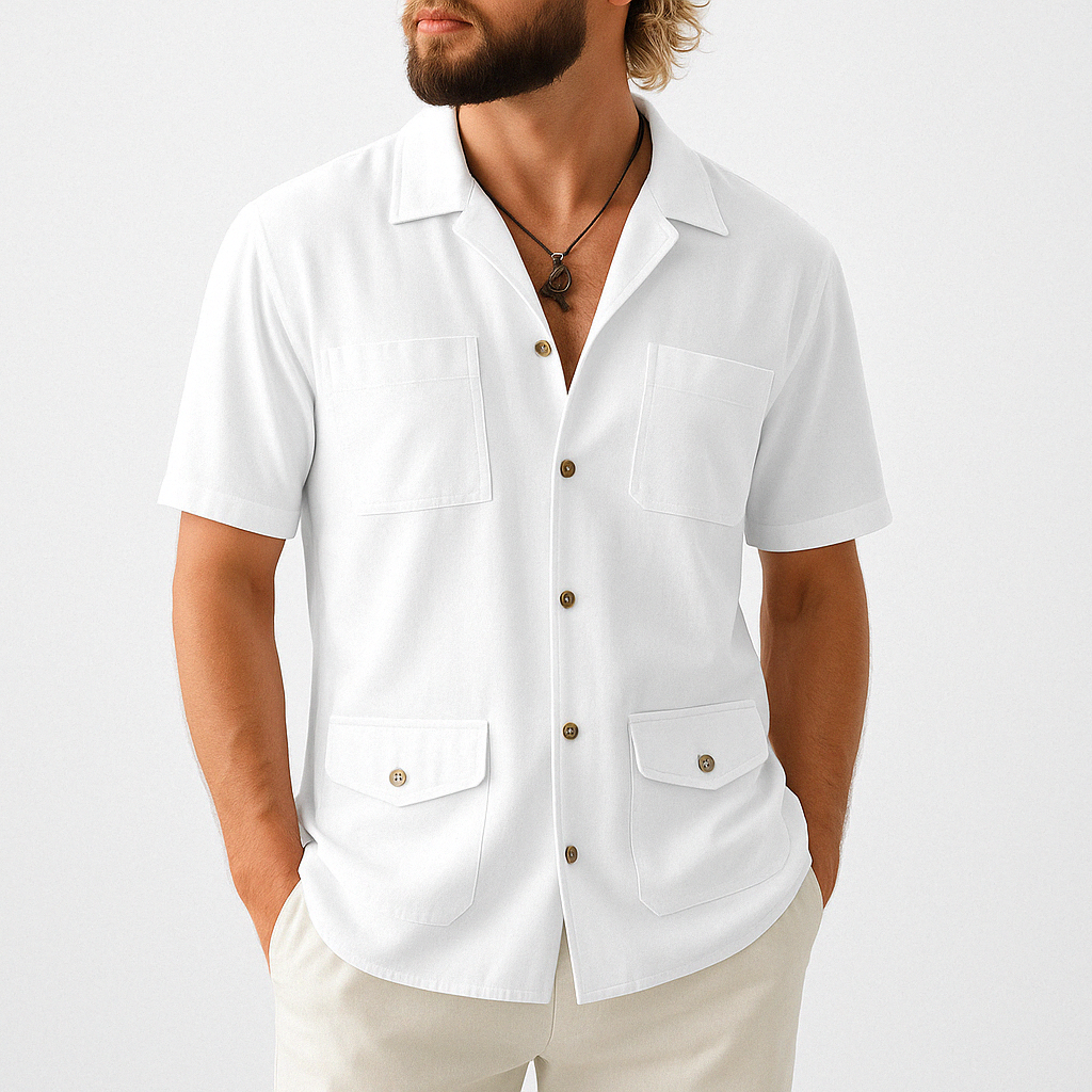 Chemise Homme Manches Courtes Coton Lin Mélange Col Revers Quatre Poches Coupe Décontractée Style Nordique
