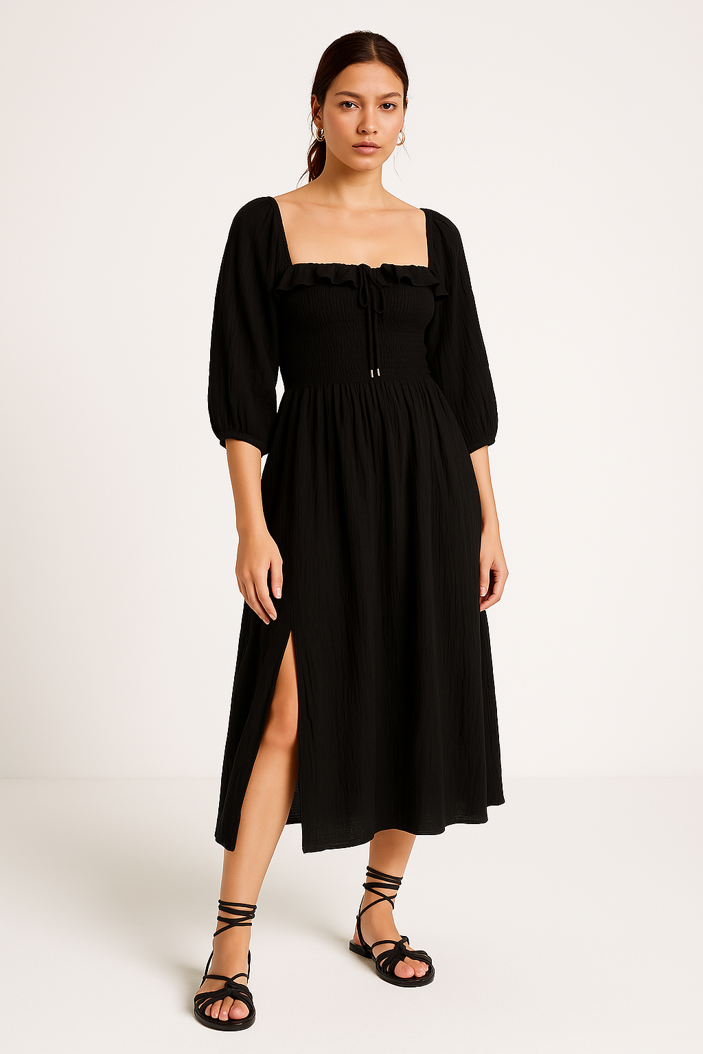 Robe Midi Femme A Ligne En Coton Mélangé Col V Froncé Avec Smock Taille Et Volants Longues