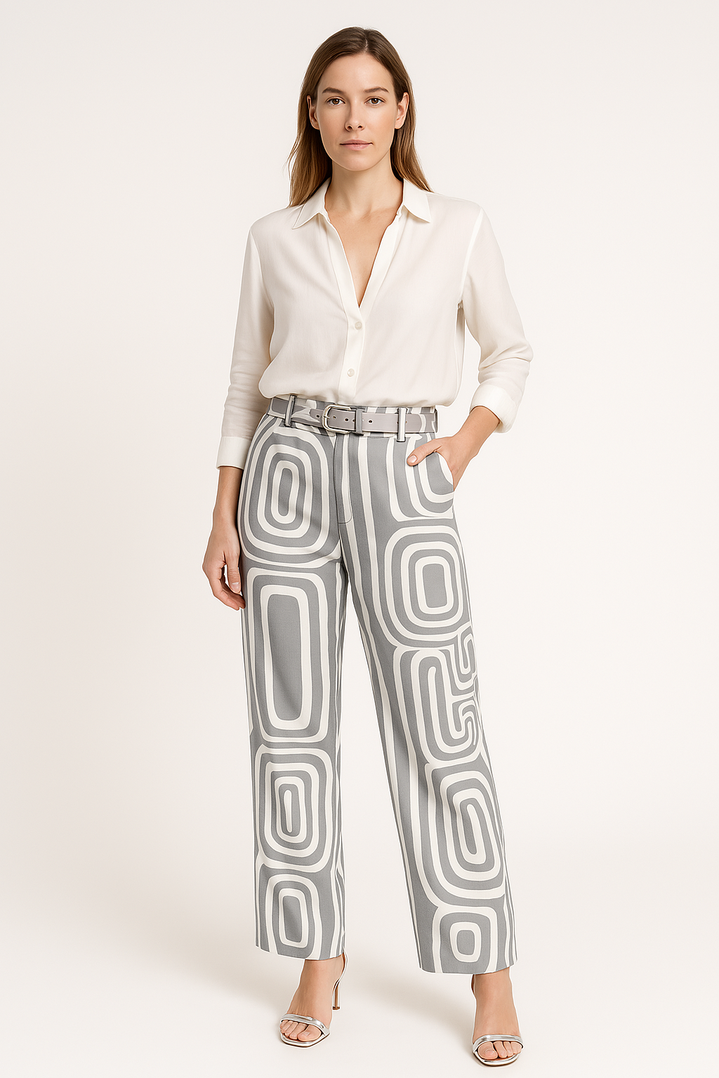 Ensemble Blouse et Pantalon Femme Mélange Coton avec Ceinture à Motif Géométrique Coupe Décontractée