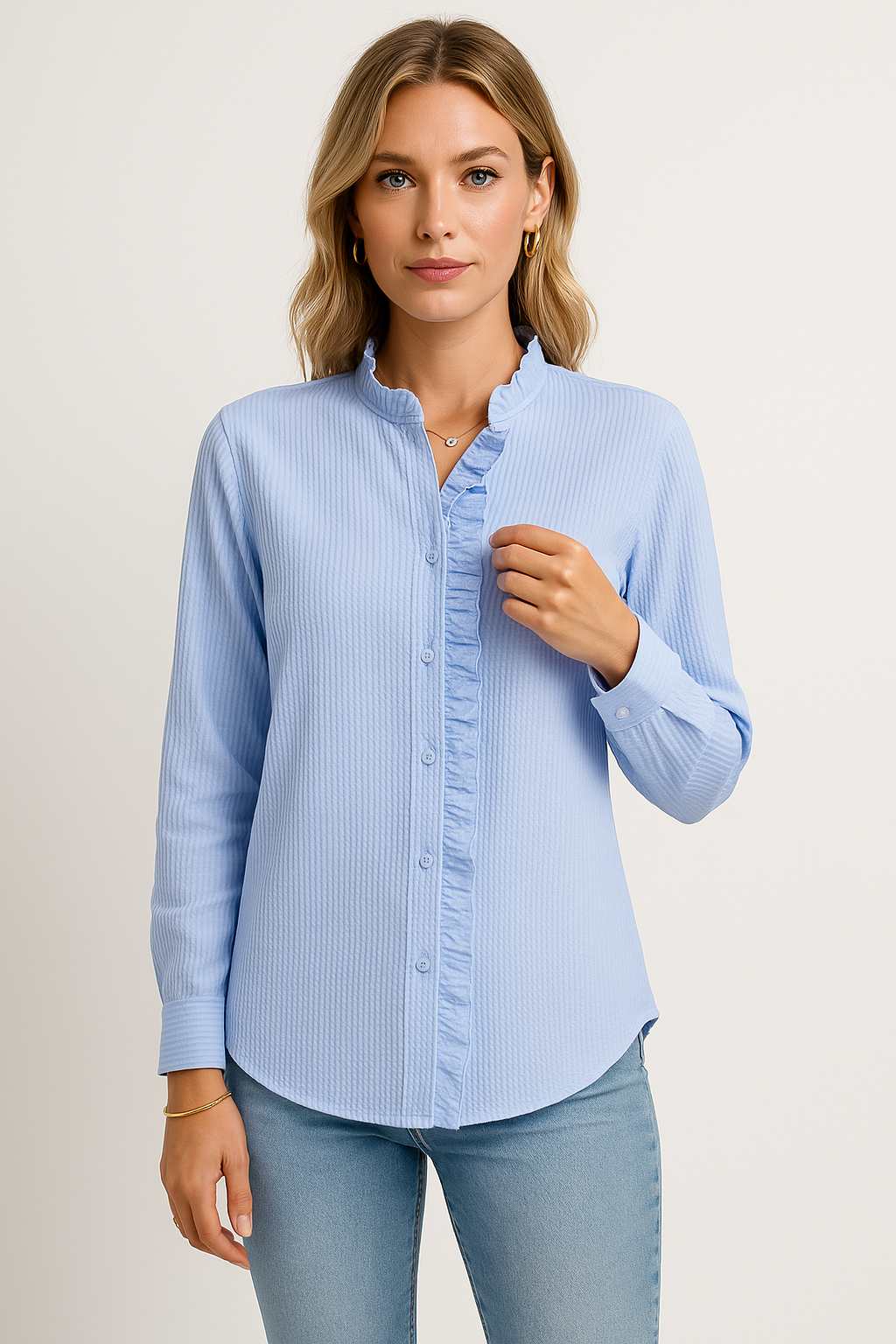 Blouse Femme Décontractée en Tissu Texturé Manches Longues Bouton de Fermeture Avec Bordure À Volants