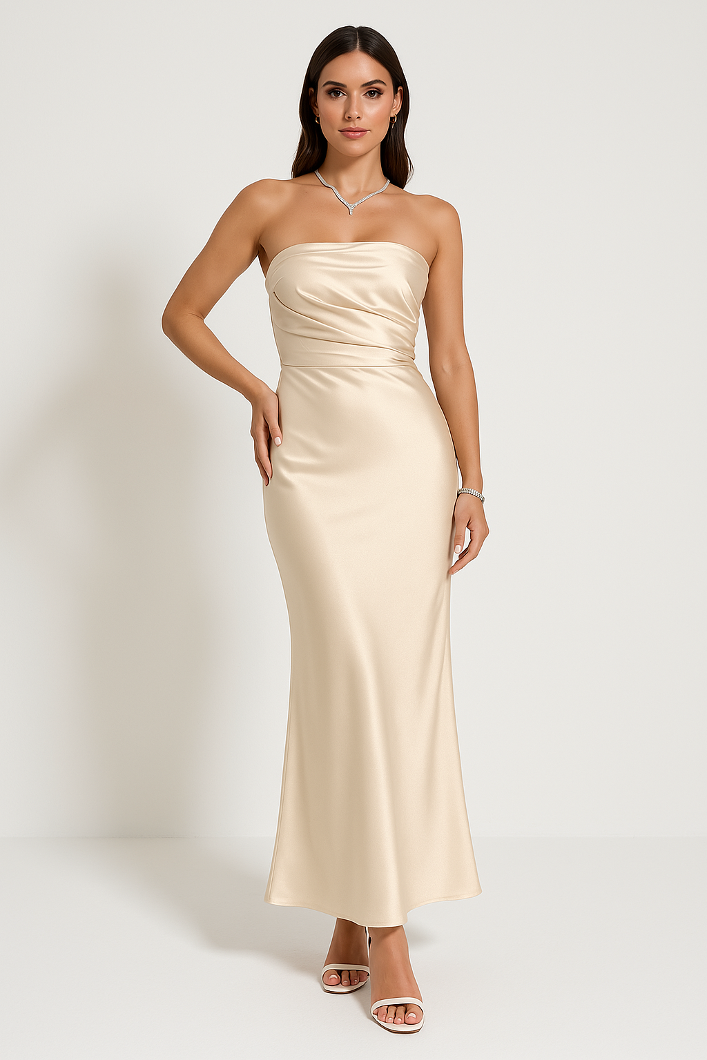 Robe De Soirée Amawinc Sans Bretelles Pour Femme À Coupe Moulante Longue Satinée Avec Ruchés Élégante