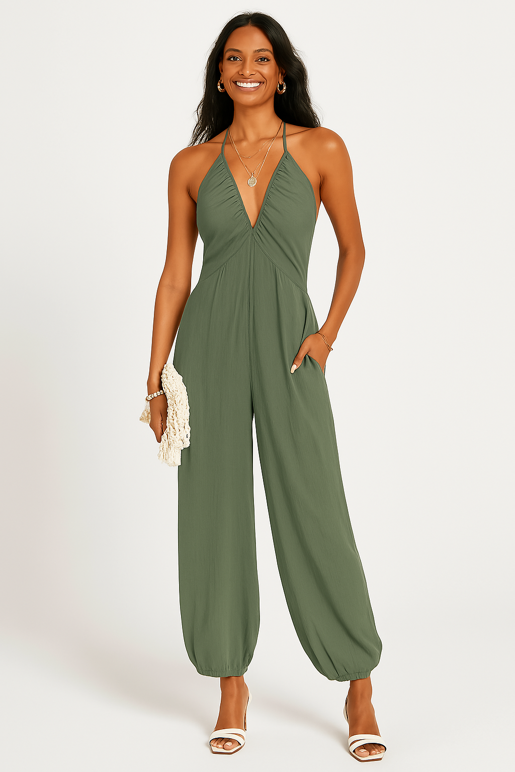 Combinaison Femme Halterneck Décolleté Plongeant Jambes Fuselées Coupe Décontractée Avec Poches Nordic Flair