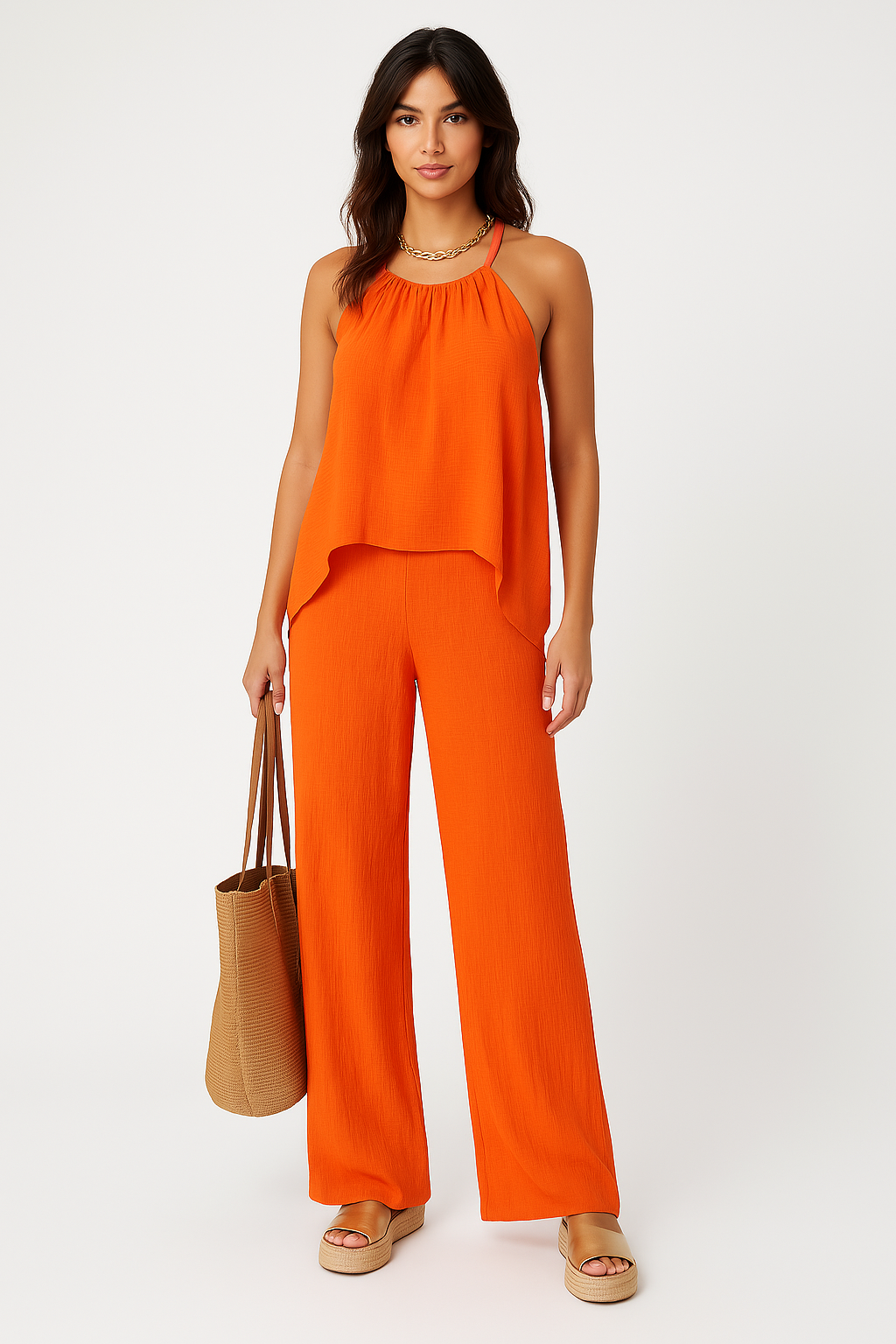 Ensemble Femme Deux Pièces Halterneck Sans Manches Avec Drapé Asymétrique Et Pantalon Large Taille Haute