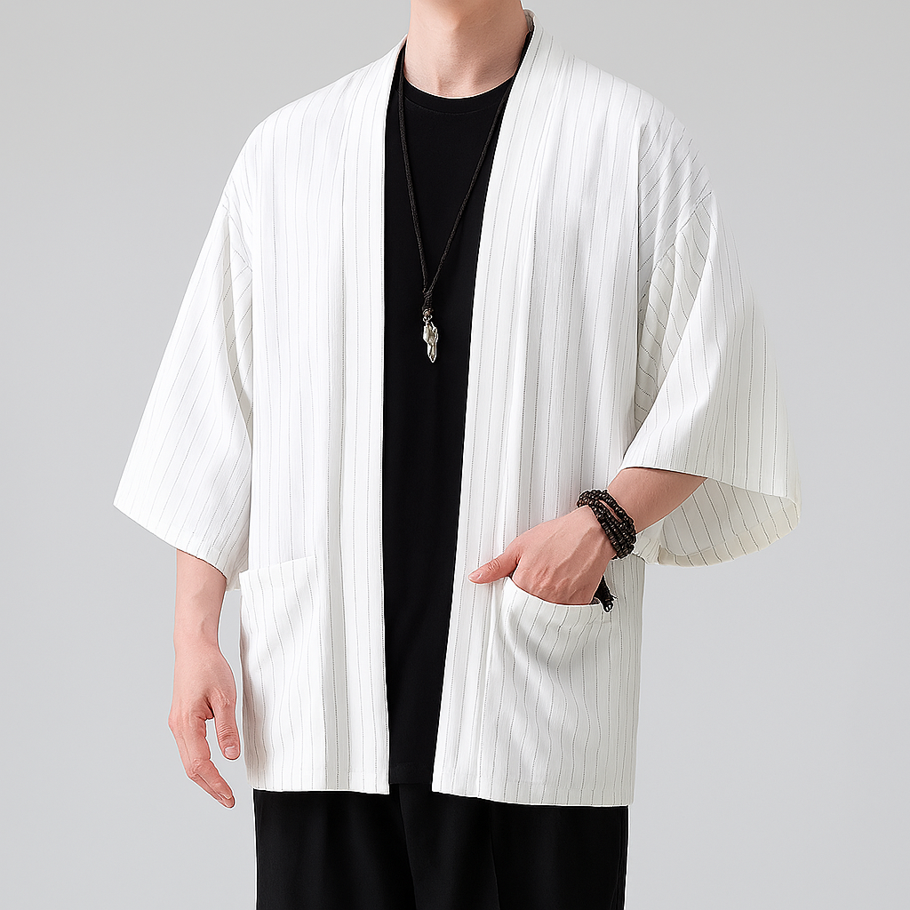 Haori Japonais Léger Veste Kimono Ouverture Frontale Rayures Fines Manches Larges pour un Style Décontracté