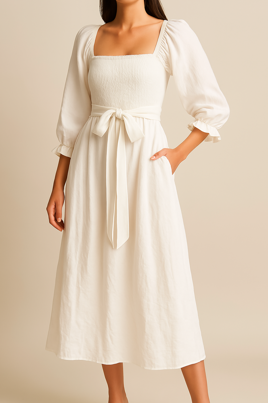 Robe Midi Pour Femme Réversible Buste Smocké Et Manches Bouffantes Coupe En A Ceinture