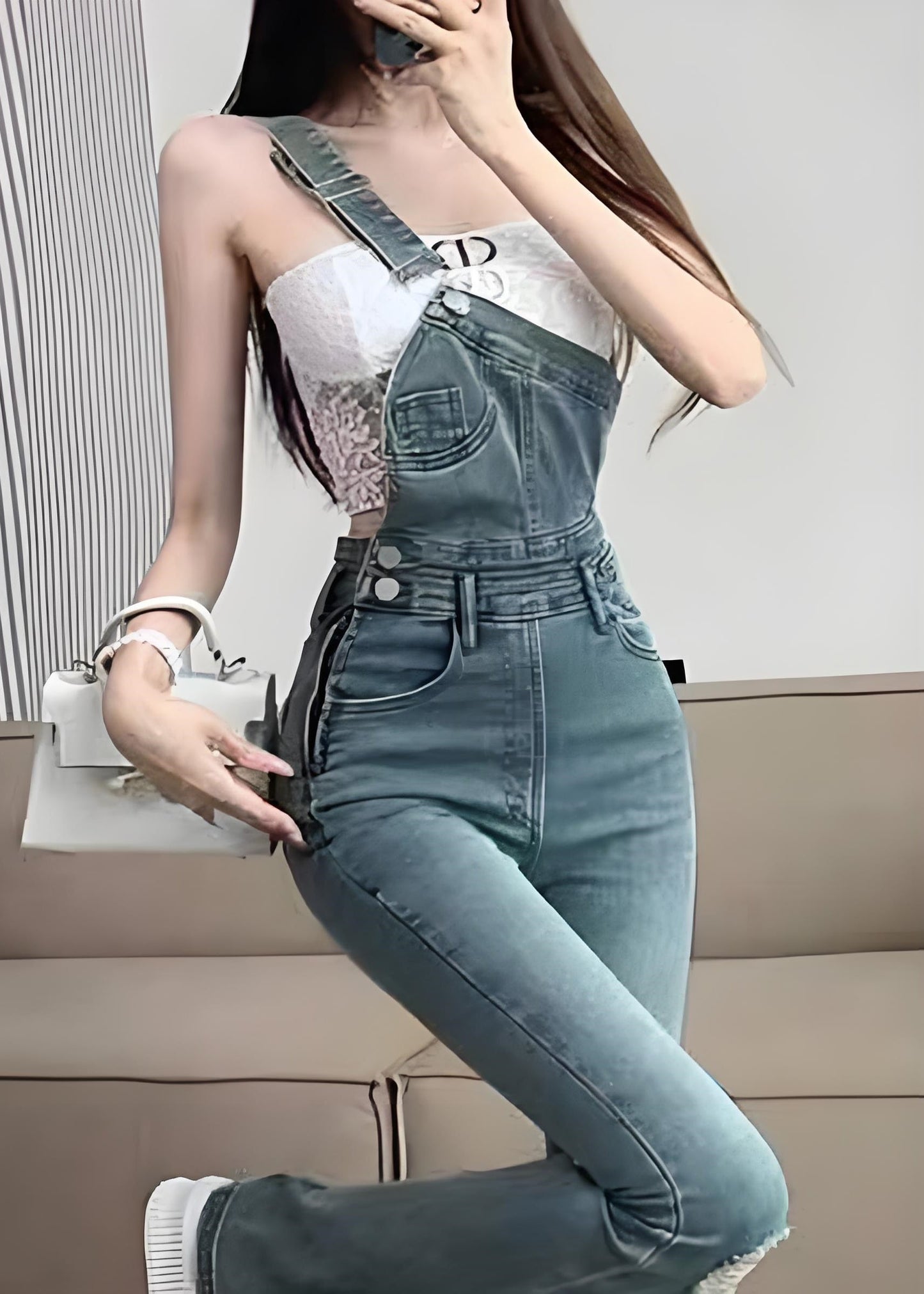 Combinaison évasée en jean déchiré bleu chic avec poches pour l'automne - Amawinc