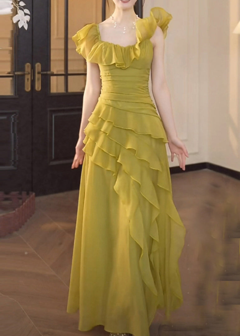 Robe chic en mousseline de soie verte à col carré et volants pour l'été - Amawinc