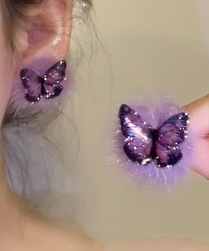 Boucles d'oreilles à tige en argent sterling violet chic et dorées, en fourrure duveteuse et papillon - Amawinc