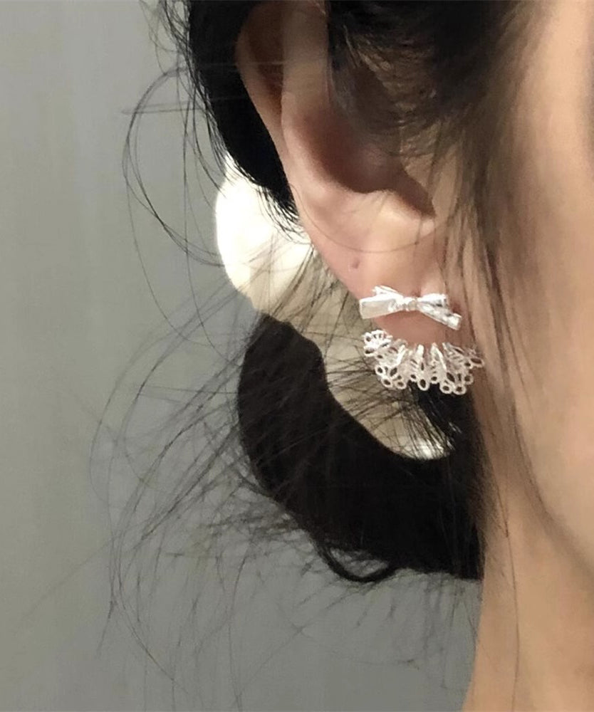 Boucles d'oreilles à tige chics en alliage d'argent sterling blanc avec nœud en dentelle patchwork - Amawinc