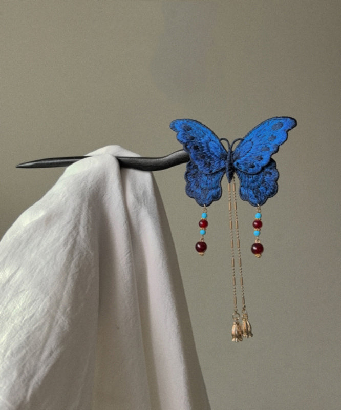Épingle à cheveux à pompon brodée de papillons bleus en bois de style chinois - Amawinc