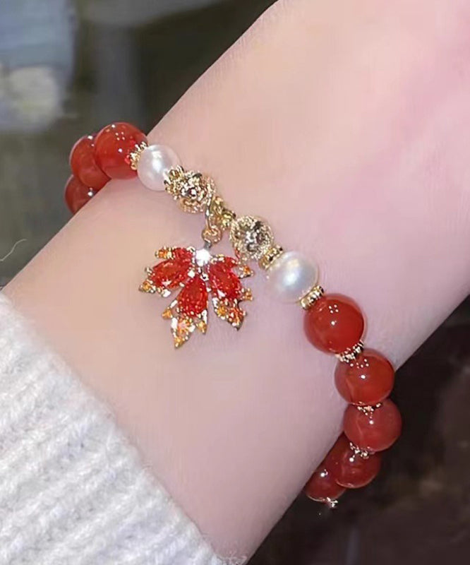 Bracelet à breloques en alliage de cuivre rouge de style chinois avec perles et feuilles d'érable en agate - Amawinc