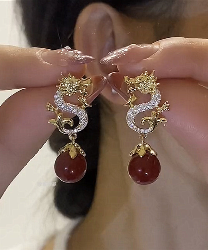 Boucles d'oreilles pendantes en forme de dragon, en argent sterling rouge et zircone surdoré, style chinois - Amawinc