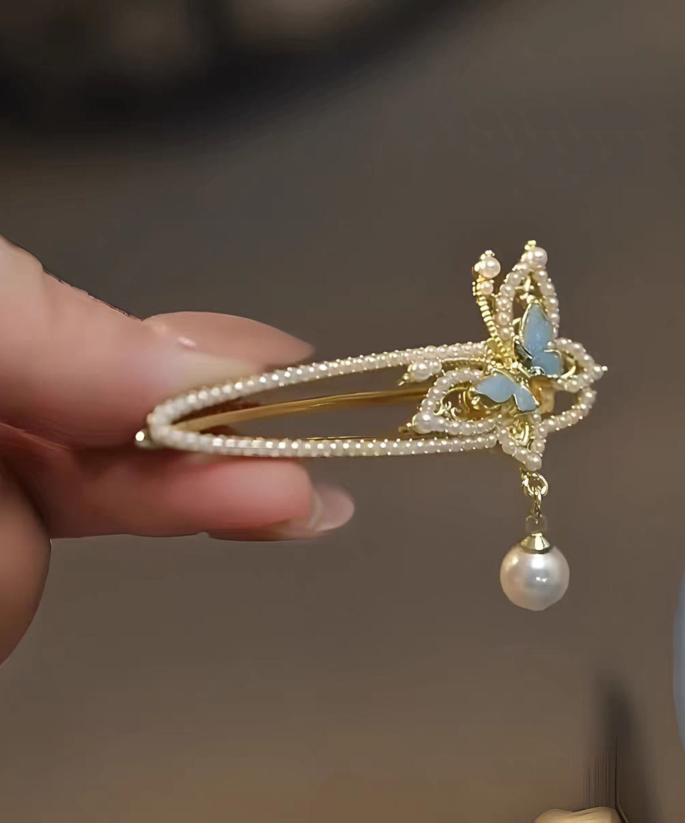 Épingle à cheveux à pompon en alliage blanc de style chinois avec perles et papillon - Amawinc
