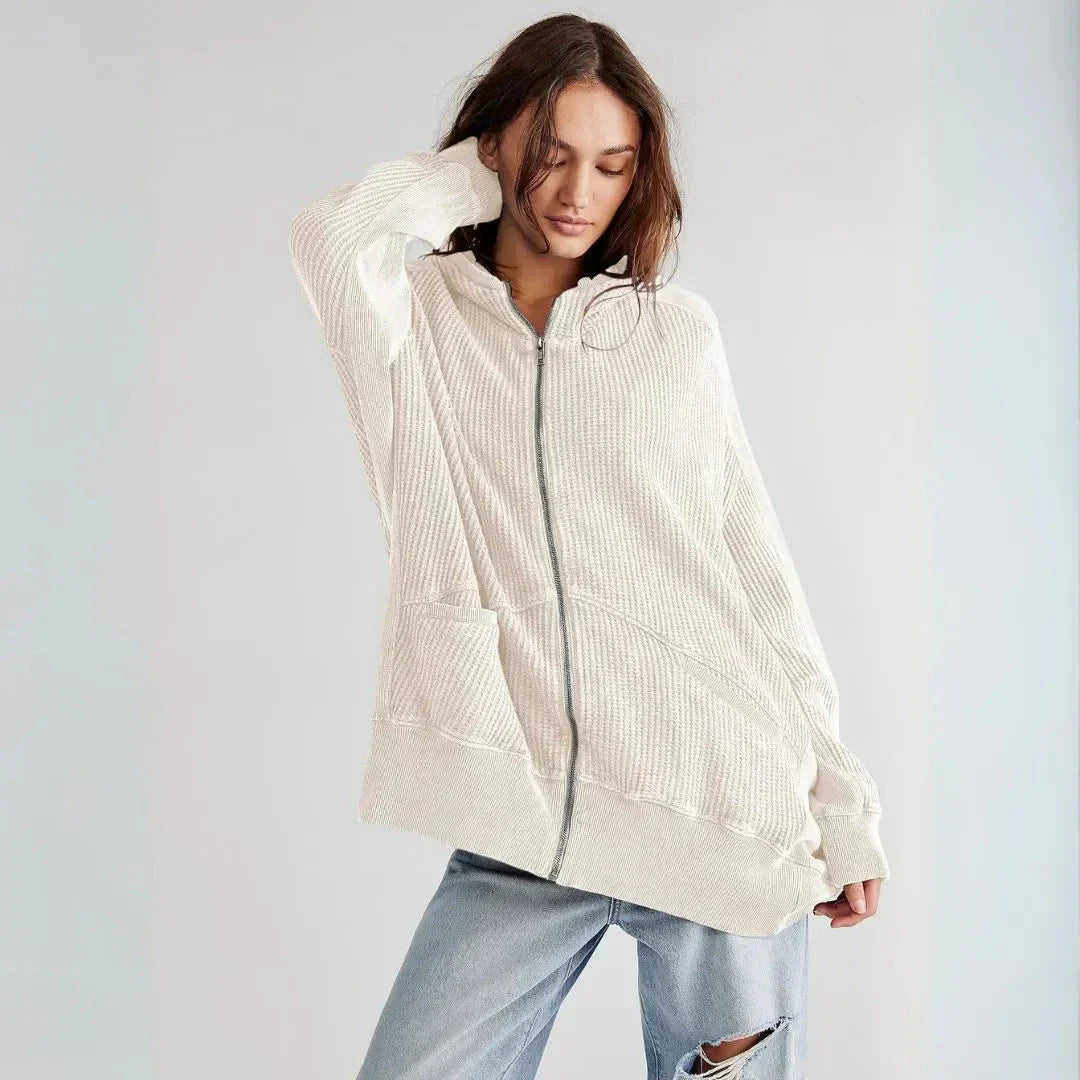 Clarrise Sweat à Capuche Oversize Zippé en Maille Gaufrée avec Poches Avant Spacieuses pour le Quotidien