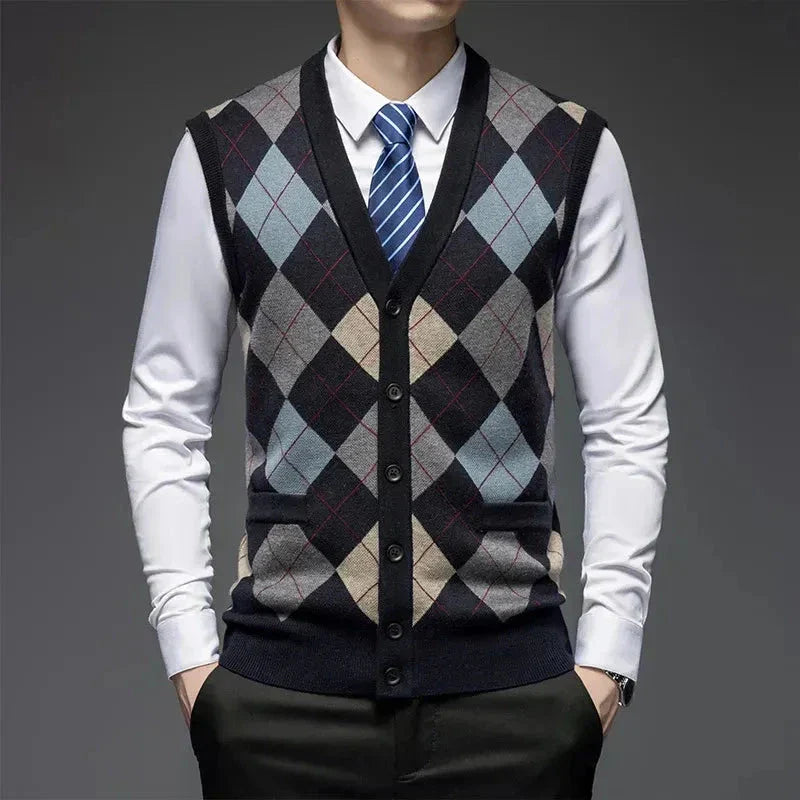 Veste En Laine À Motif Argyle Classique Avec Devant Boutonné Et Coupe Taillée Pour Bureau Et Fin De Semaine
