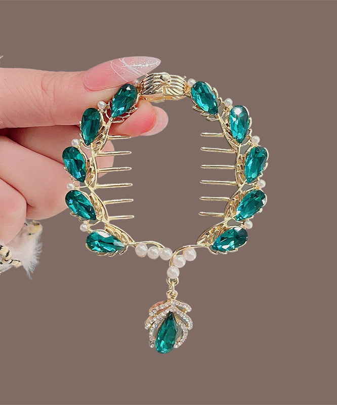 Épingle à cheveux élégante en alliage vert avec perles de zircon et cristal - Amawinc