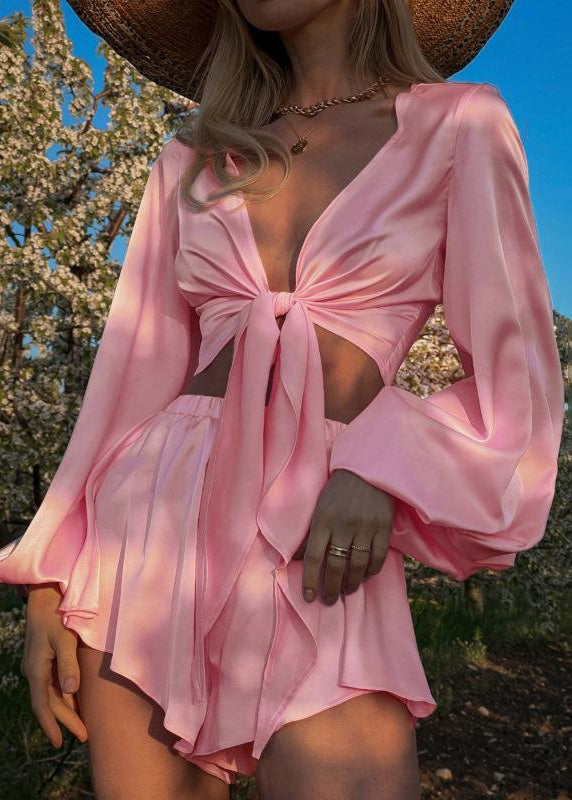 Ensemble deux pièces élégant en soie glacée rose à lacets pour l'été - Amawinc