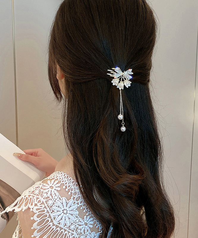 Épingle à cheveux élégante en alliage blanc, zircon, perle et pompon muguet - Amawinc