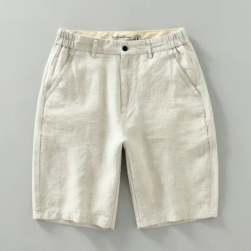 Shorts En Lin Coton Respirants Pour Été Avec Ceinture Élastique Et Bouton Coupe Décontractée